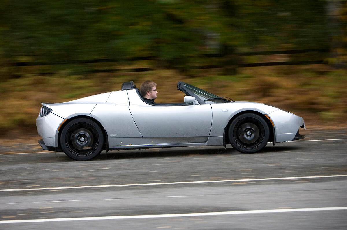 Even on a damp surface with the traction control disabled it wouldn’t break traction Tesla Roadster side profile