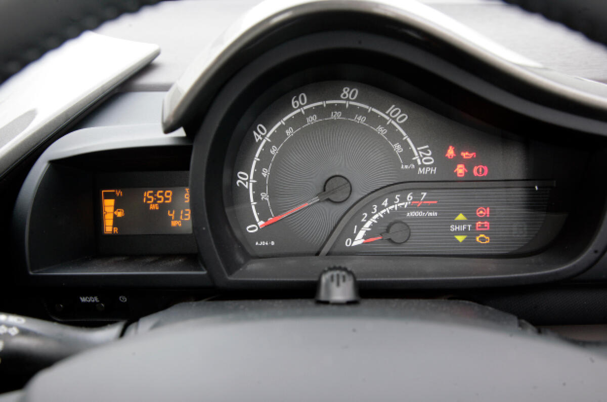 Instrument panel combines an analogue speedo with digital trip computer Toyota iQ instrument cluster