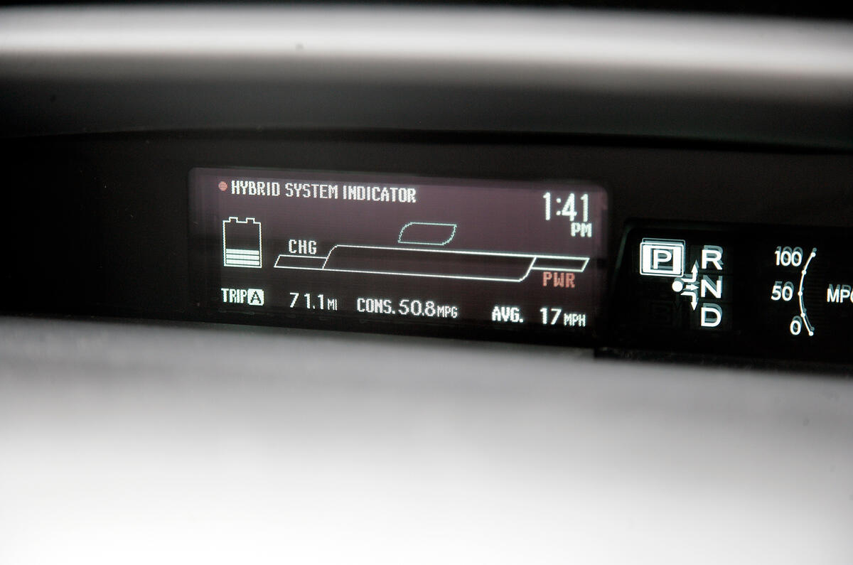 Instrument screen houses digital speedo plus fuel and battery gauges Toyota Prius digital information cluster