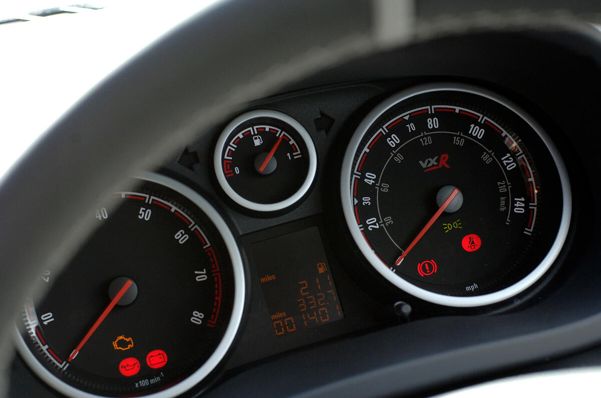 Chrome rings and backlighting give the dials an upmarket look Vauxhall Corsa instrument cluster