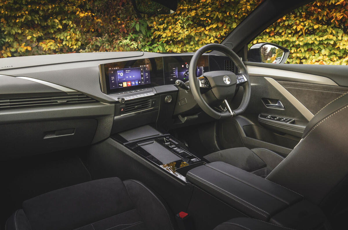 Astra Electric cabin overview with vegan leather steering wheel and matte grey trim