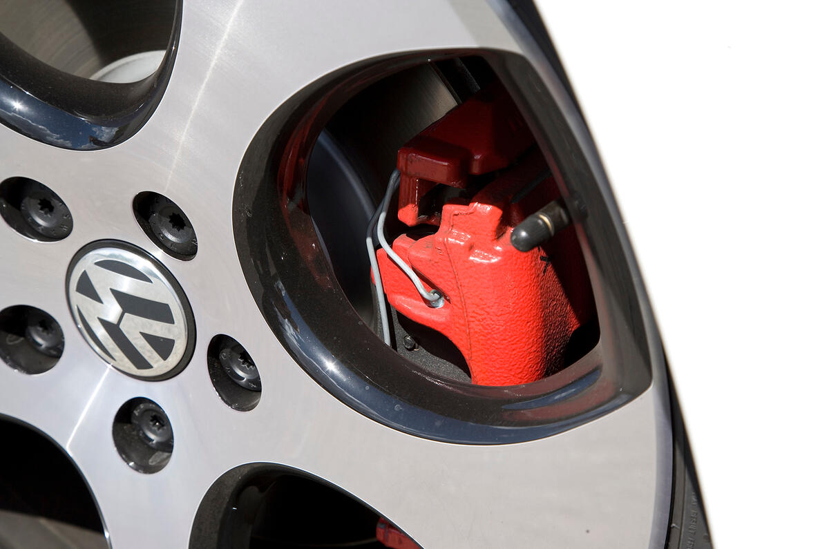 The 312mm diameter front brake discs look a little weedy in the optional larger wheels Volkswagen Golf GTI rad brake calipers